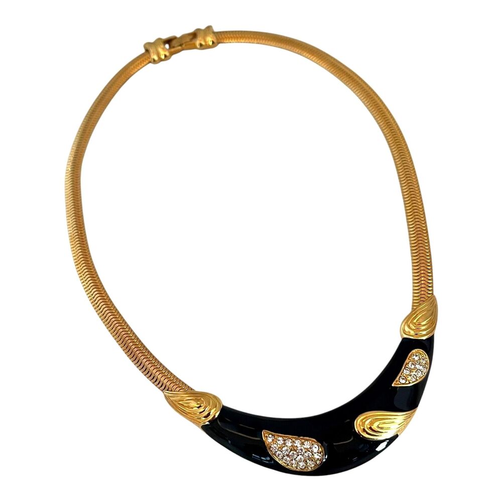 Vintage 1980s Monet Statement Necklace Black Enamel Crystal Gold Tone - 6T